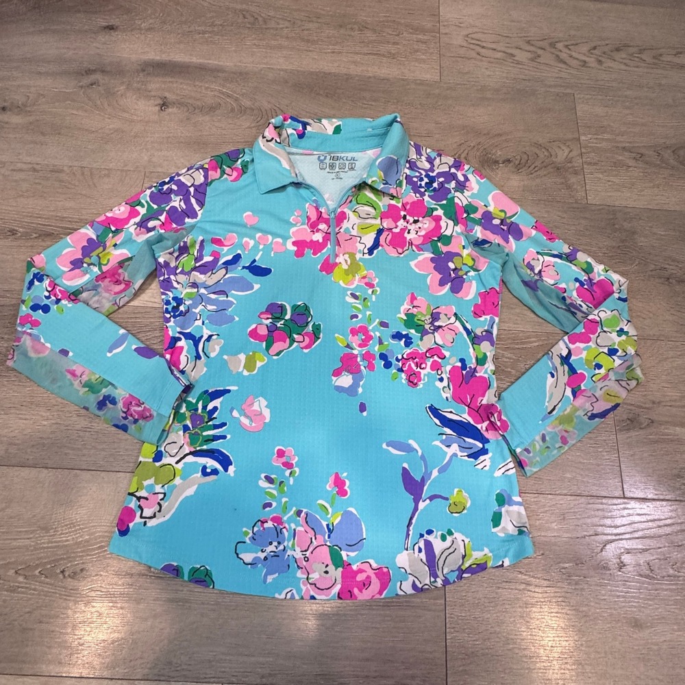 IBKUL Womens Turquoise Floral IceFil UPF 50+ Quarter Zip Sun Shirt Medium M